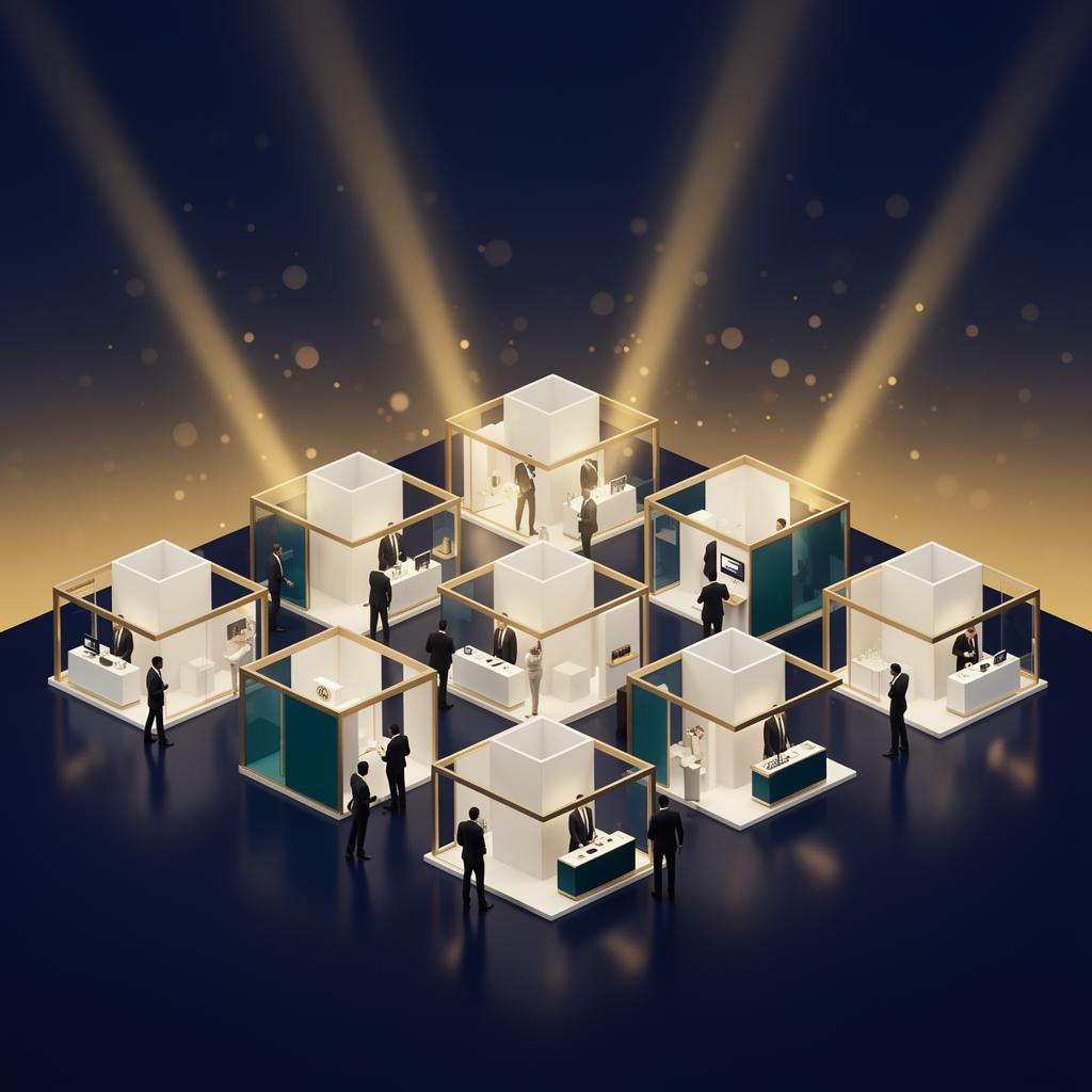 Isometric illustration of the TiE Sandhai exhibition hall at SHIFT 2026